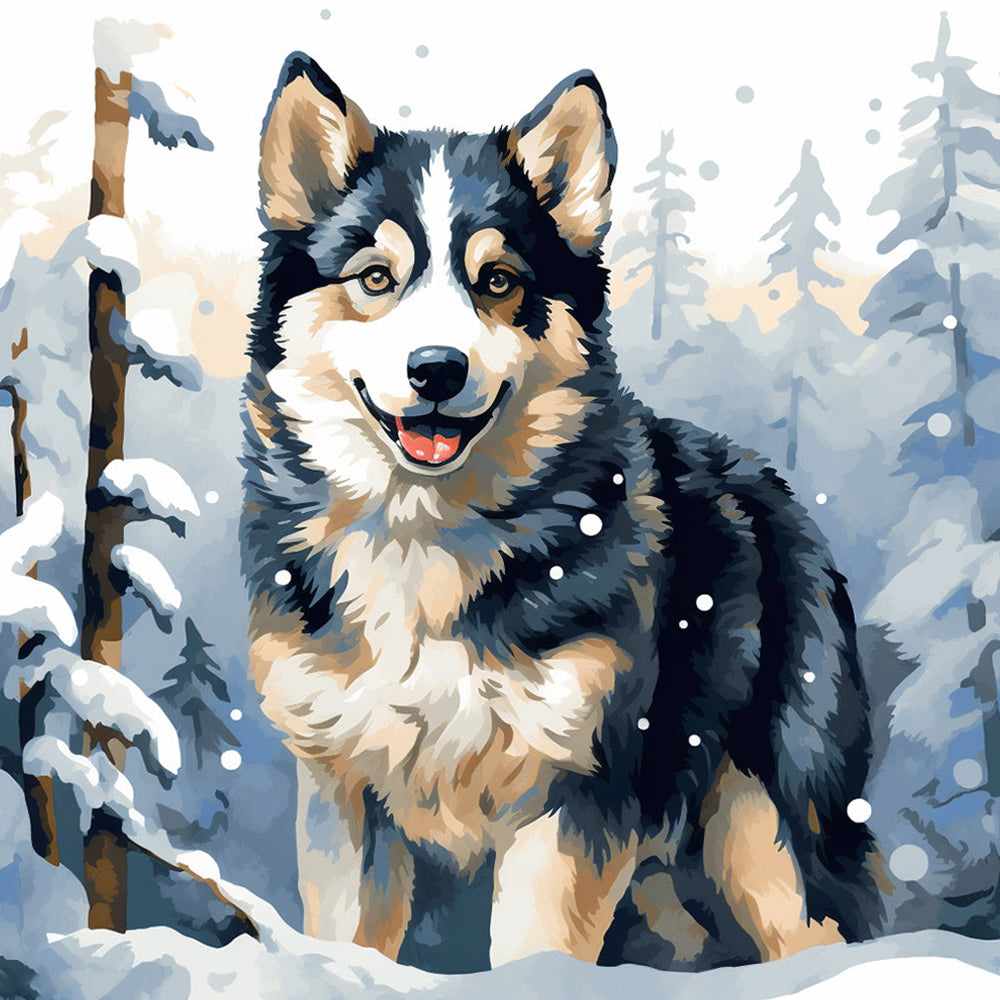 Husky in a snowy forest cross stitch kit for beginners