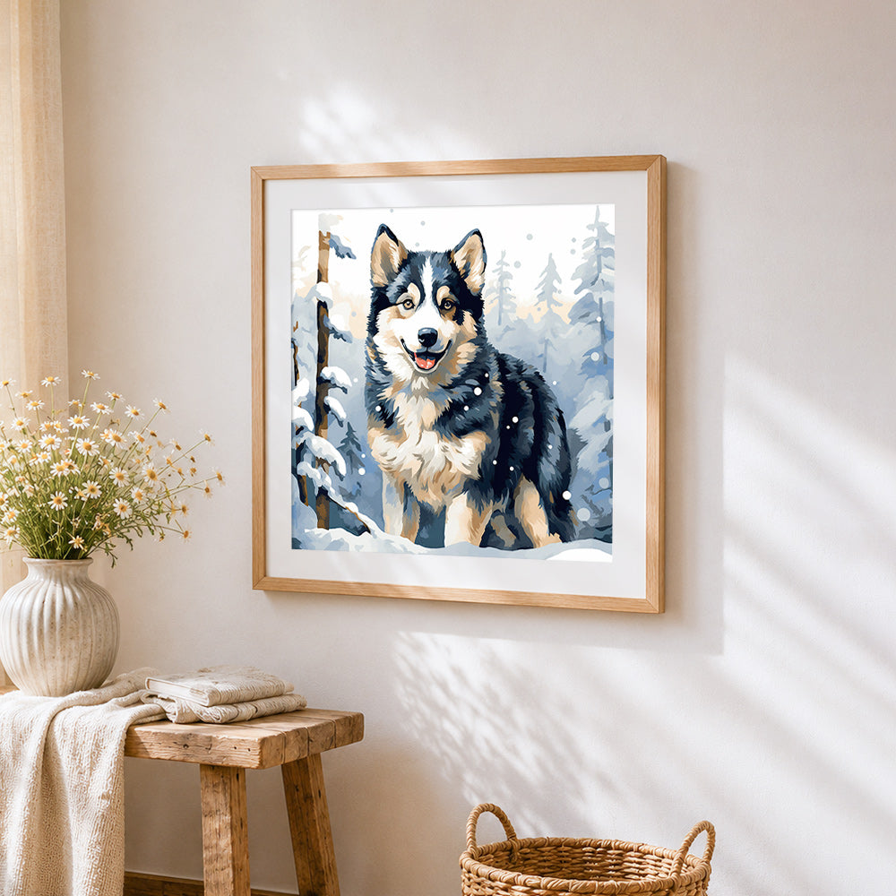 Husky in a snowy forest cross stitch artwork displayed on wall as home decor
