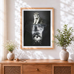 Finished husky puppy and reflection cross stitch artwork displayed