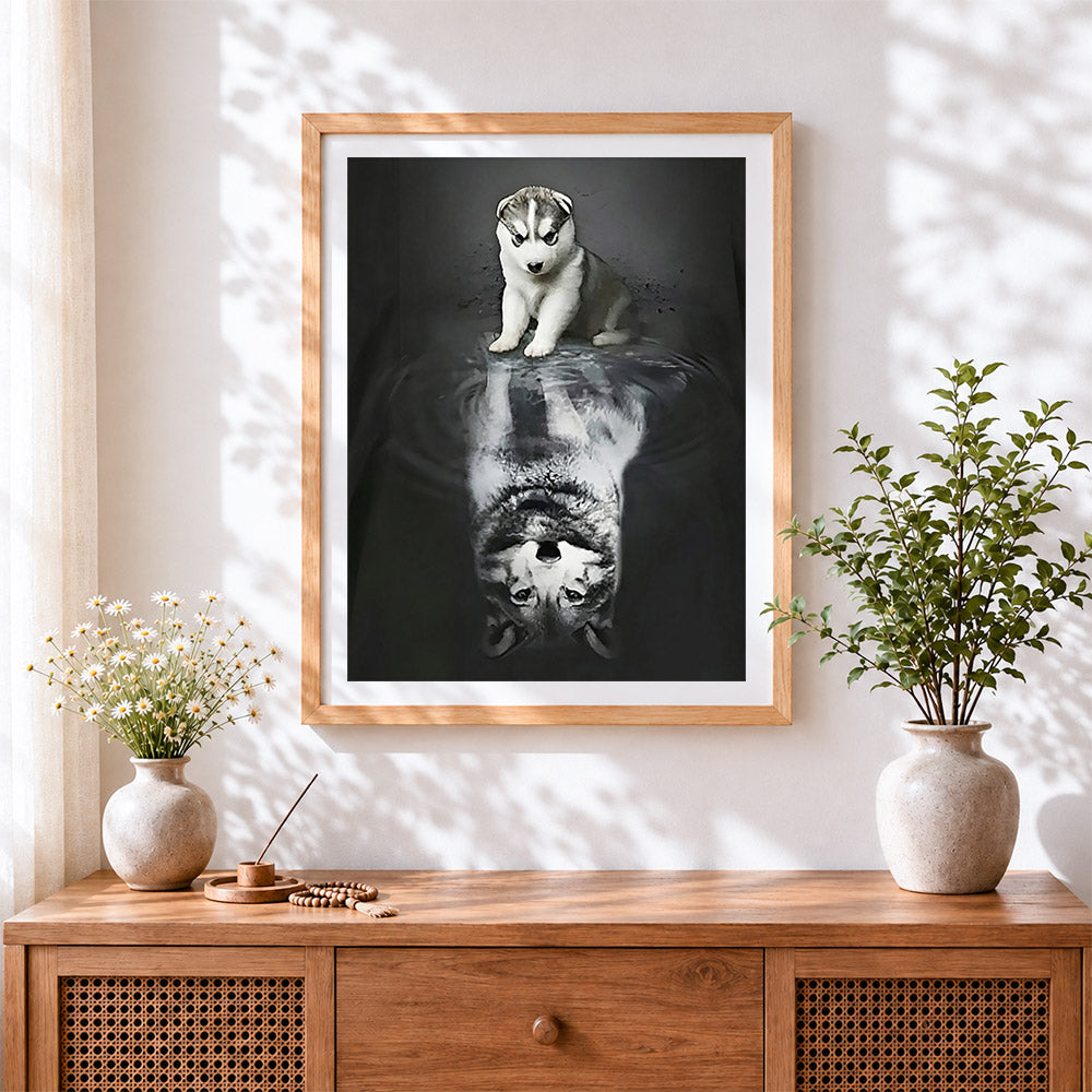 Finished husky puppy and reflection paint by numbers artwork displayed as home decor