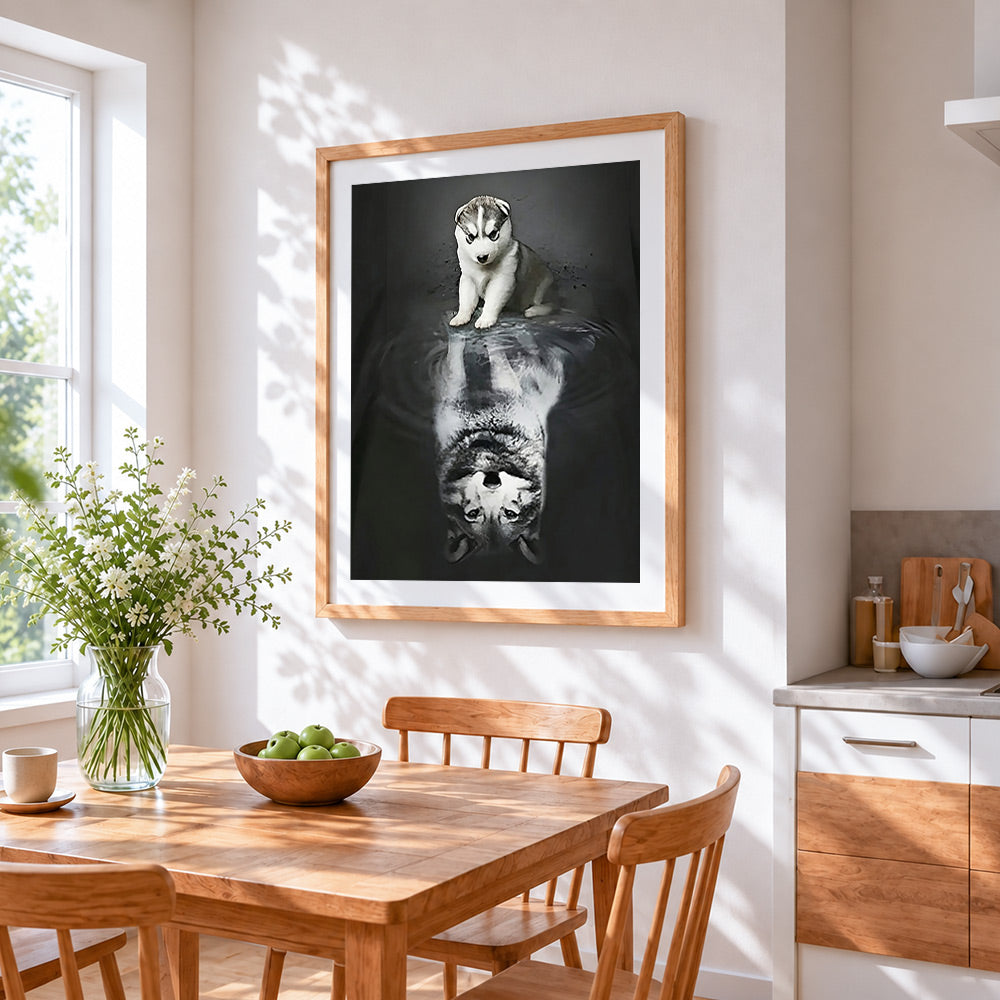 Husky puppy and reflection paint by numbers artwork displayed on wall as home decor