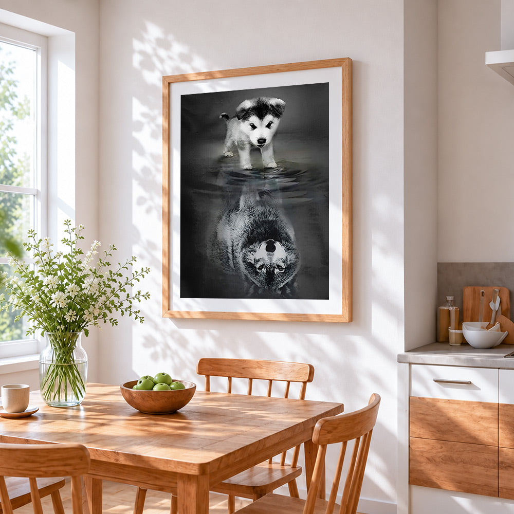 Husky puppy water reflection cross stitch artwork displayed on wall as home decor