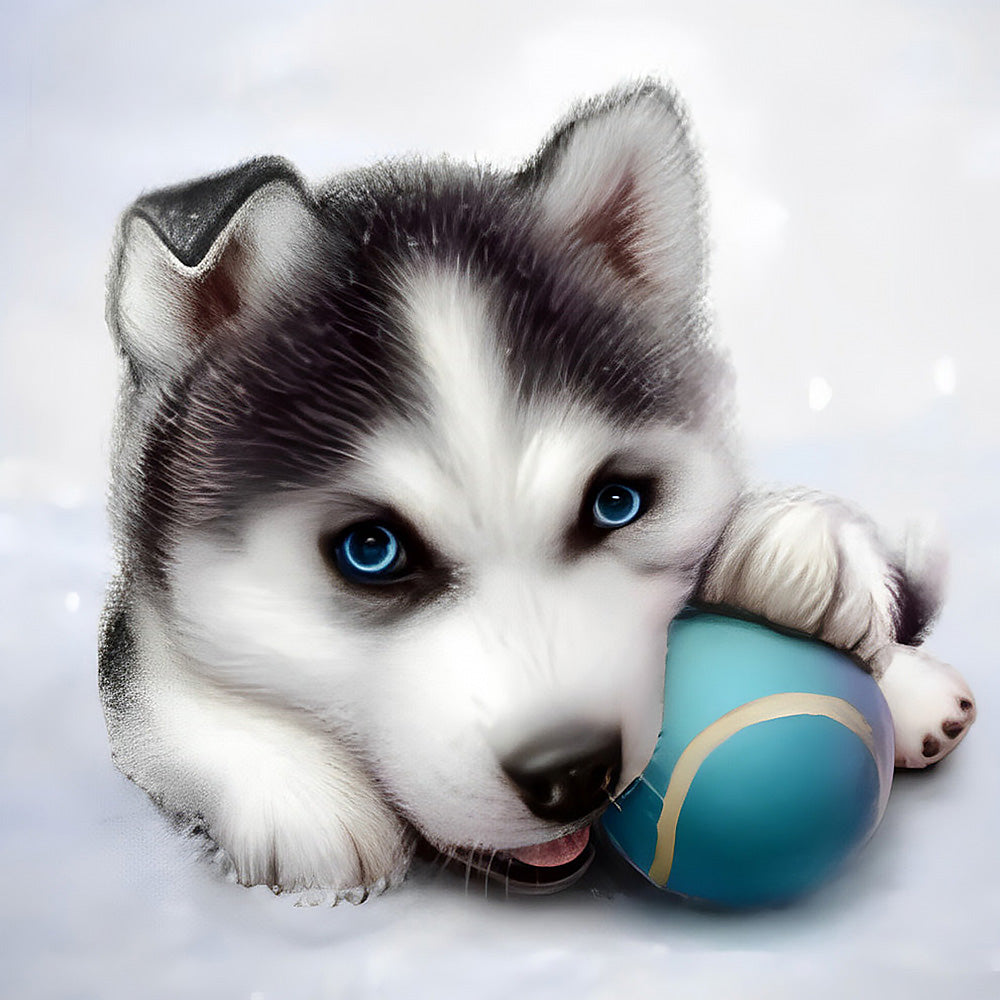 Husky puppy with a ball cross stitch kit for beginners