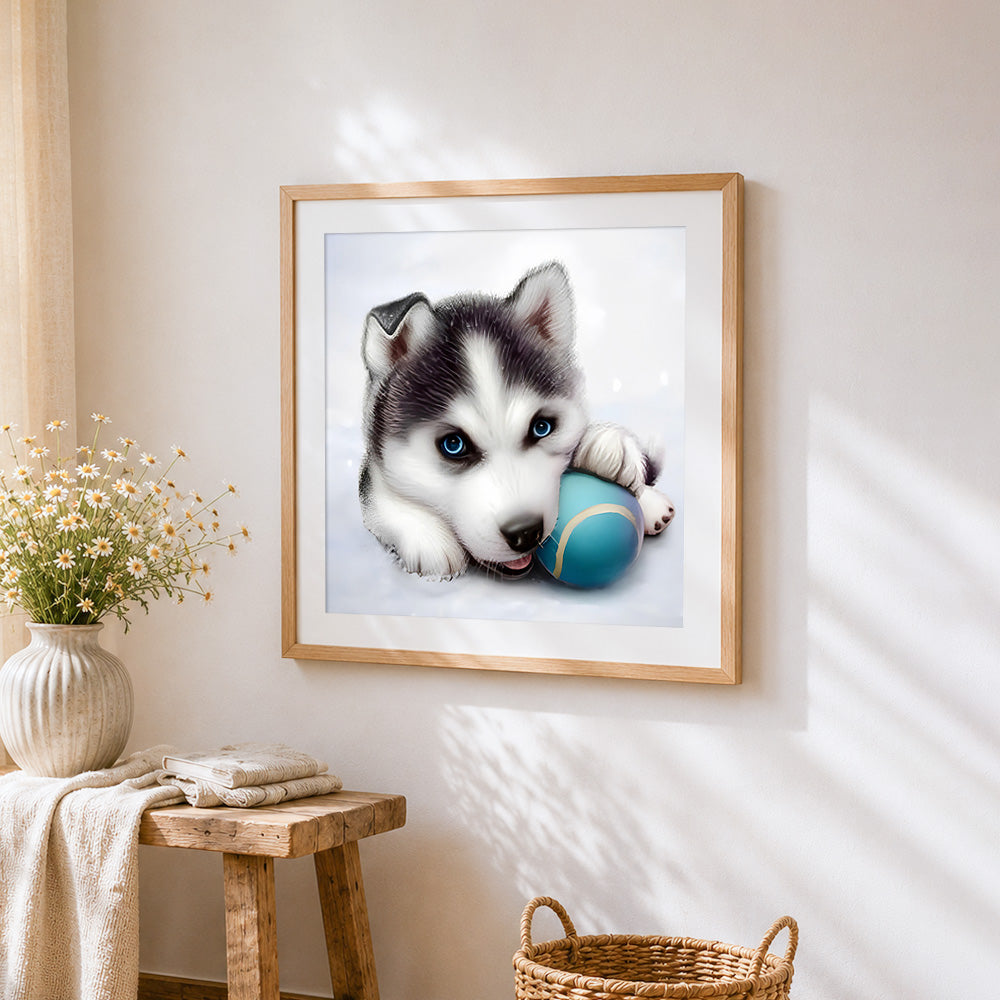 Husky puppy with a ball cross stitch artwork displayed on wall as home decor