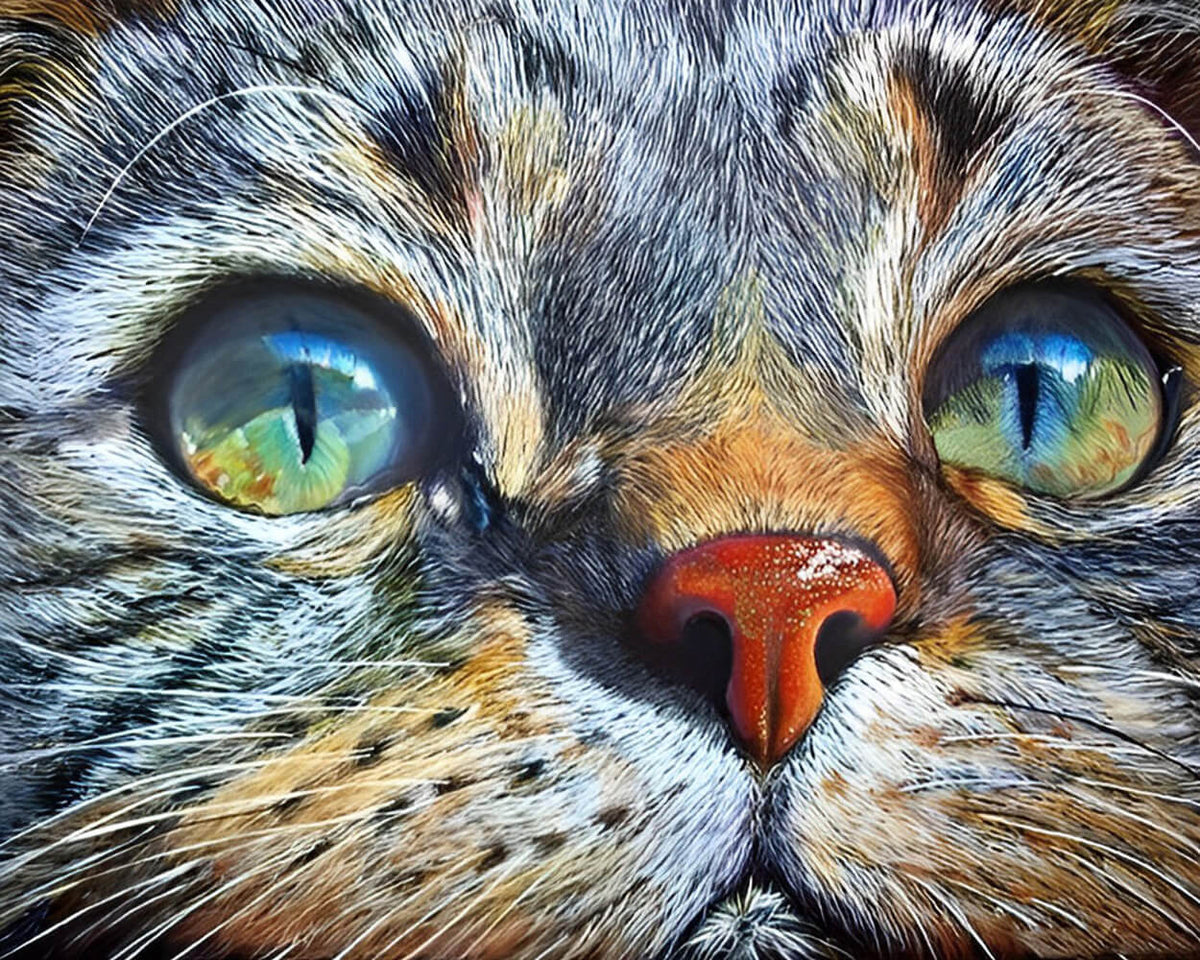 Hyper-realistic tabby cat portrait cross stitch kit for beginners