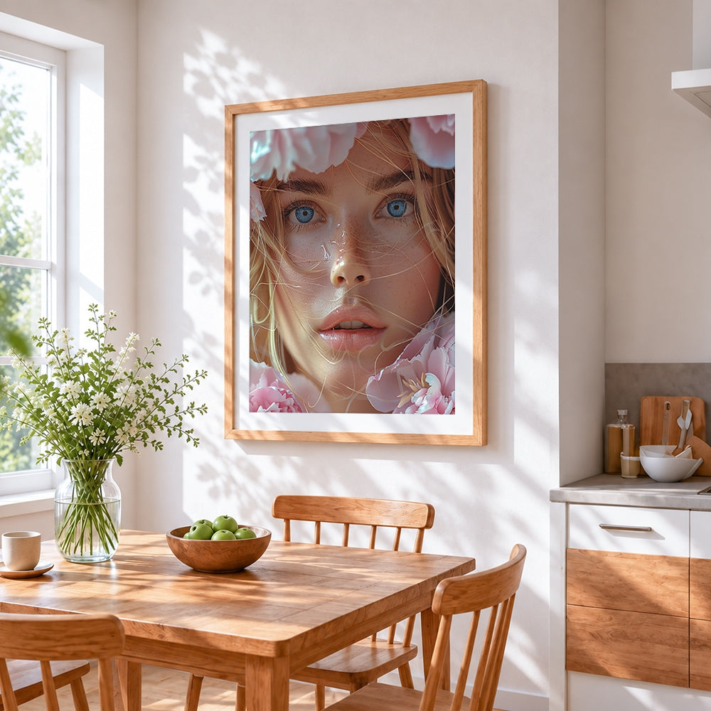 Hyperrealistic blue eyed woman cross stitch artwork displayed on wall as home decor