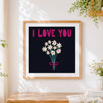 Finished i love you and daisies cross stitch artwork displayed