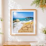 Finished i miss you beach heart cross stitch artwork displayed