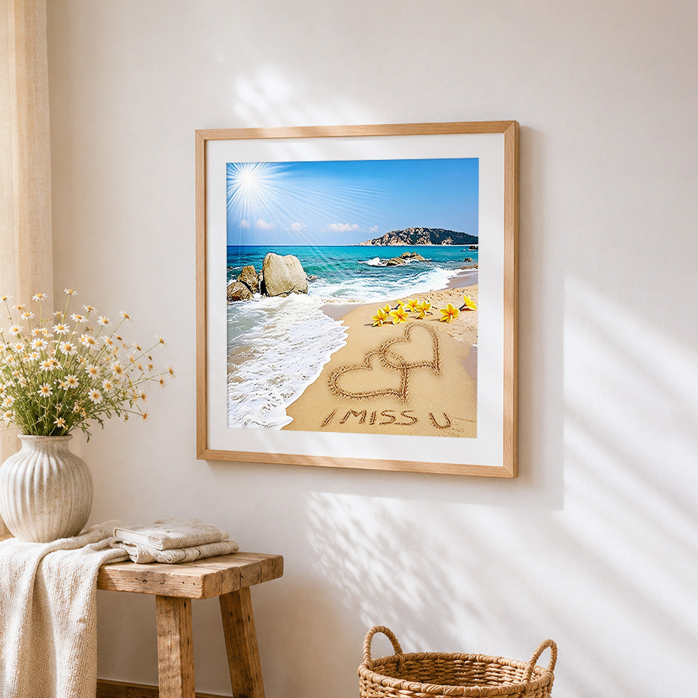 I miss you beach heart cross stitch artwork displayed on wall as home decor
