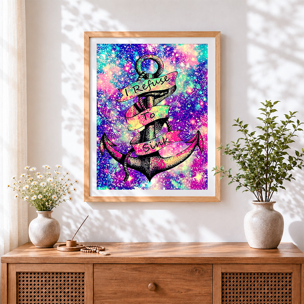 Finished "i refuse to sink" galaxy anchor cross stitch artwork displayed