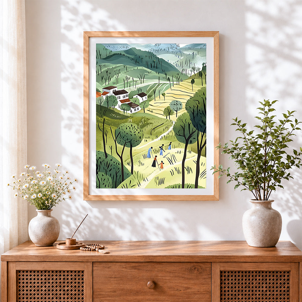 Finished idyllic terraced fields and farmers cross stitch artwork displayed