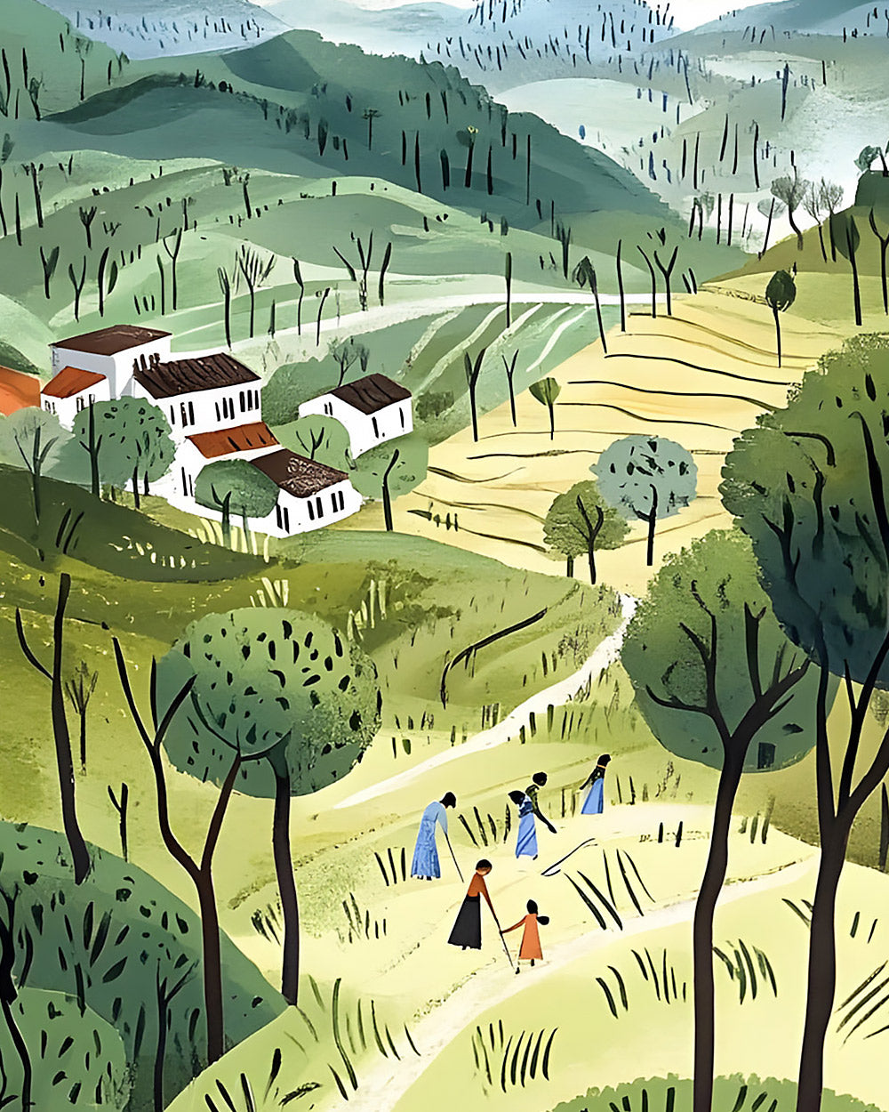 Idyllic terraced fields and farmers cross stitch kit for beginners