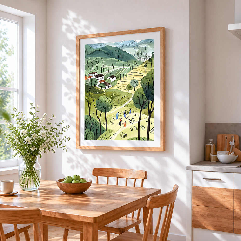 Idyllic terraced fields and farmers cross stitch artwork displayed on wall as home decor
