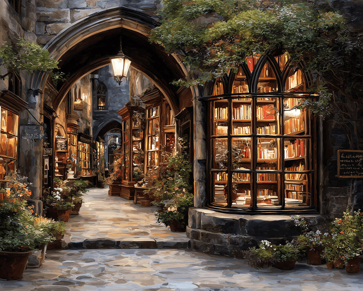 Illuminated bookshop archway paint by numbers kit for beginners