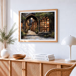 Illuminated bookshop archway paint by numbers artwork displayed on wall as home decor