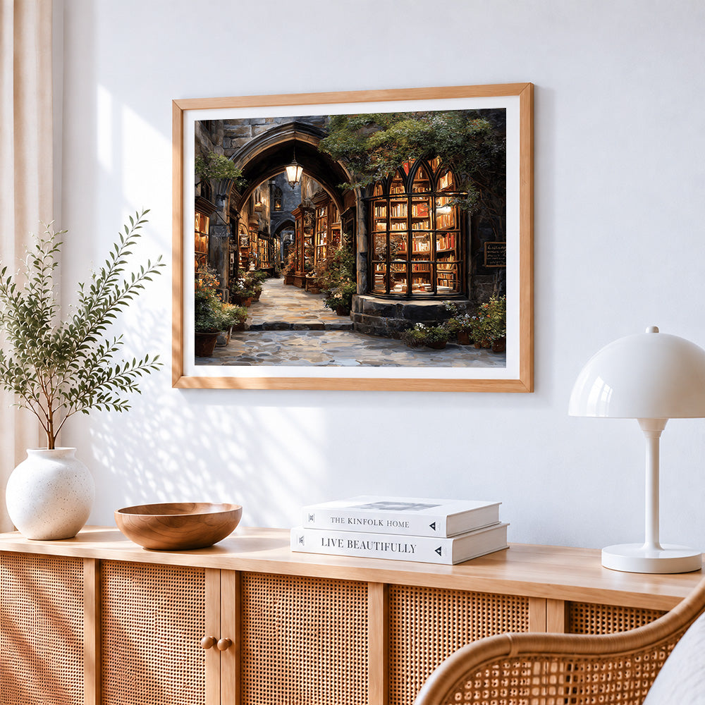 Illuminated bookshop archway paint by numbers artwork displayed on wall as home decor