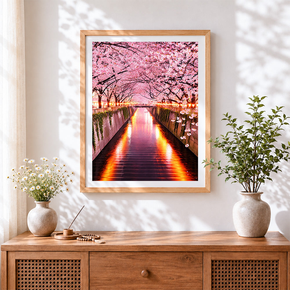 Finished illuminated cherry blossom tunnel cross stitch artwork displayed