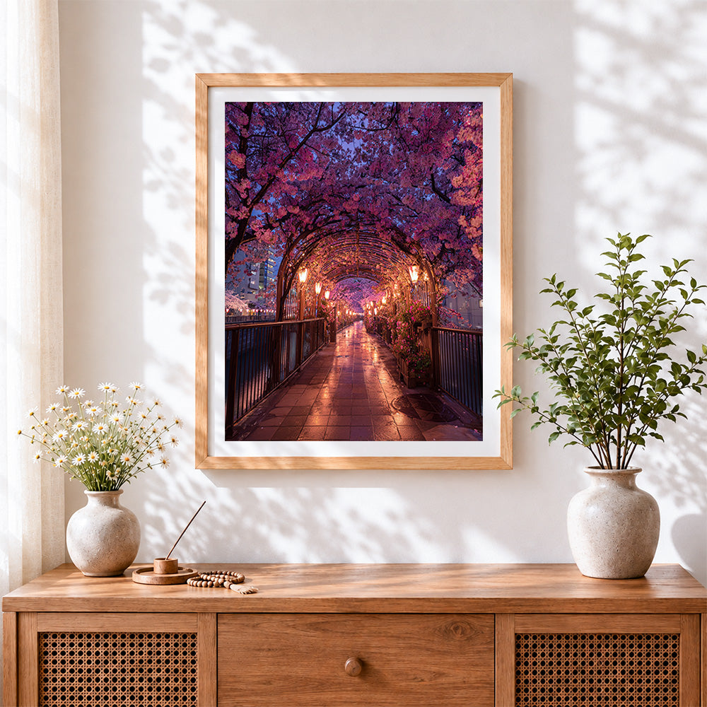 Finished illuminated cherry blossom walkway cross stitch artwork displayed