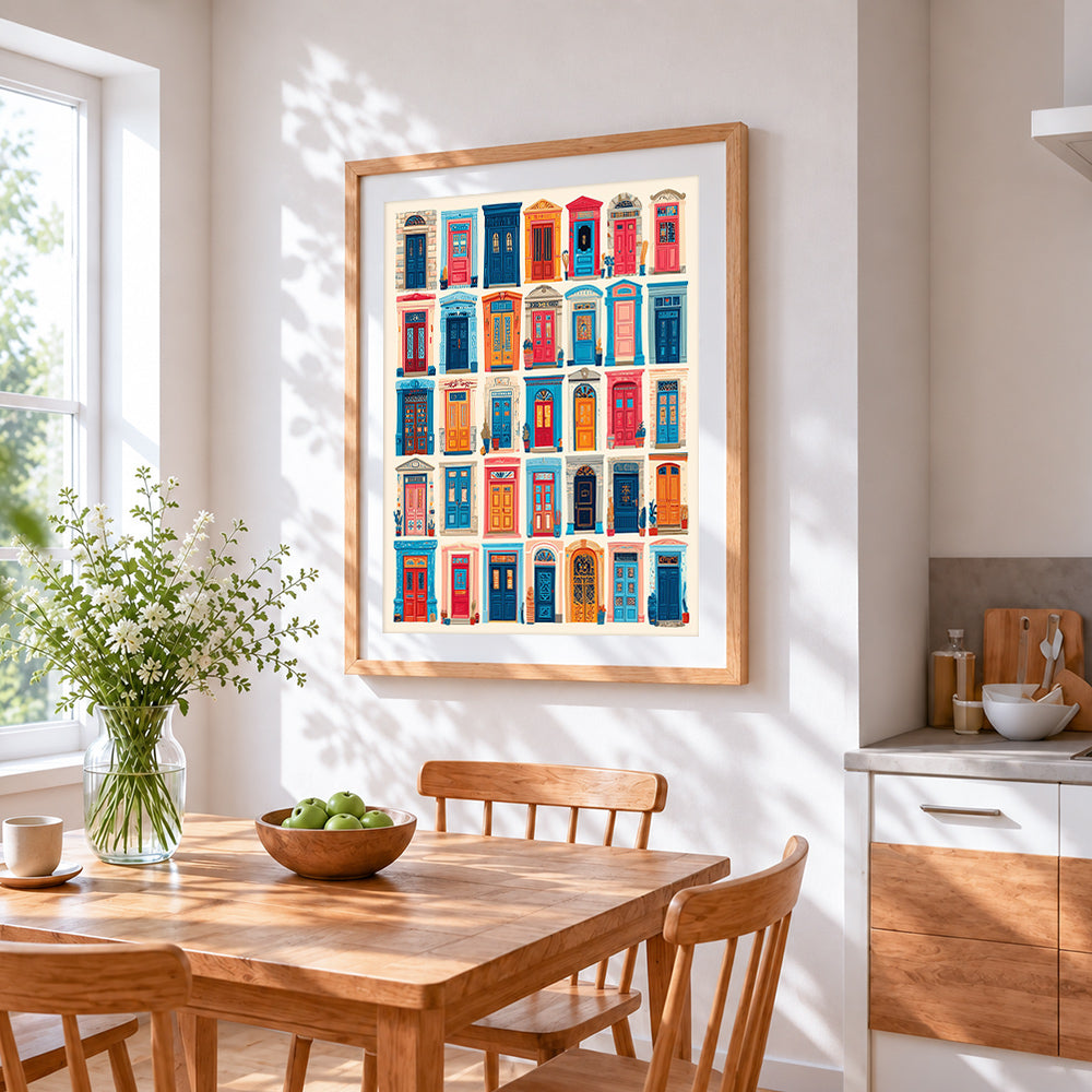 Illustrated doors of the world cross stitch artwork displayed on wall as home decor