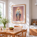 Immaculate heart of mary cross stitch artwork displayed on wall as home decor