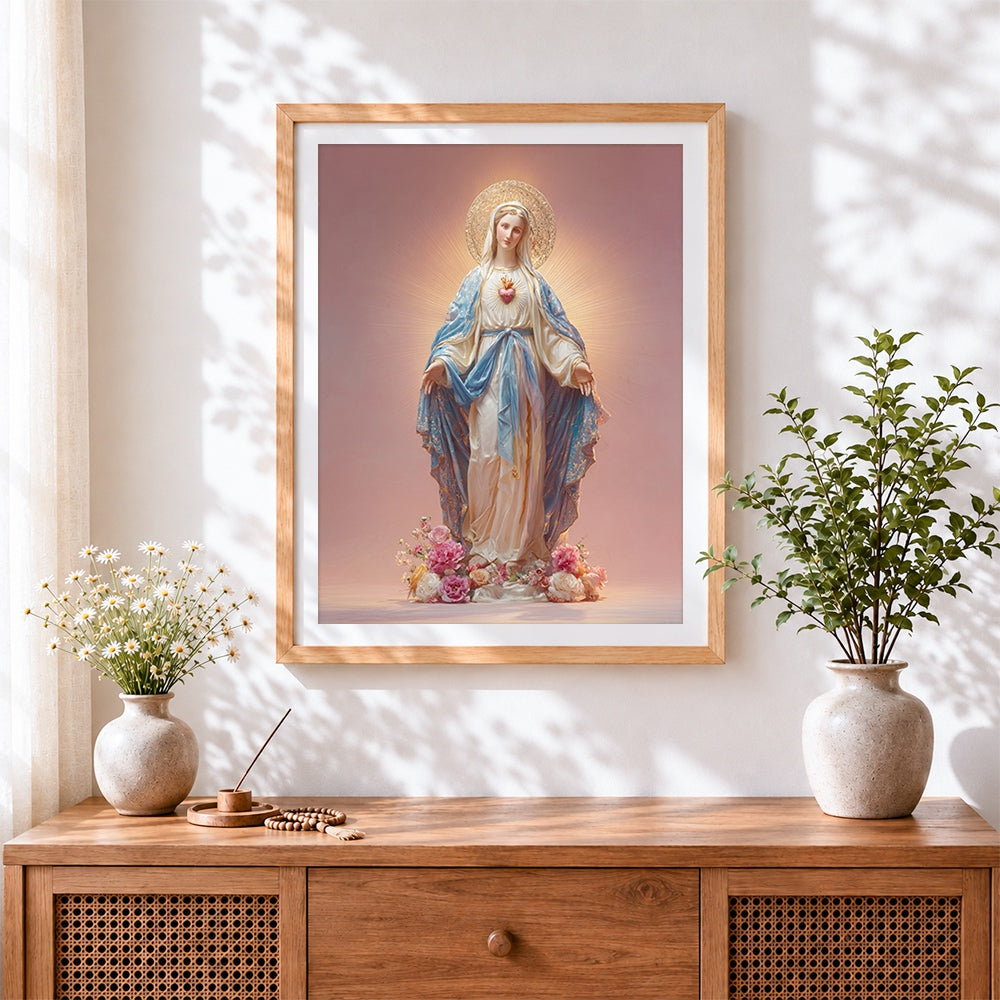 Finished immaculate heart of mary paint by numbers artwork displayed as home decor