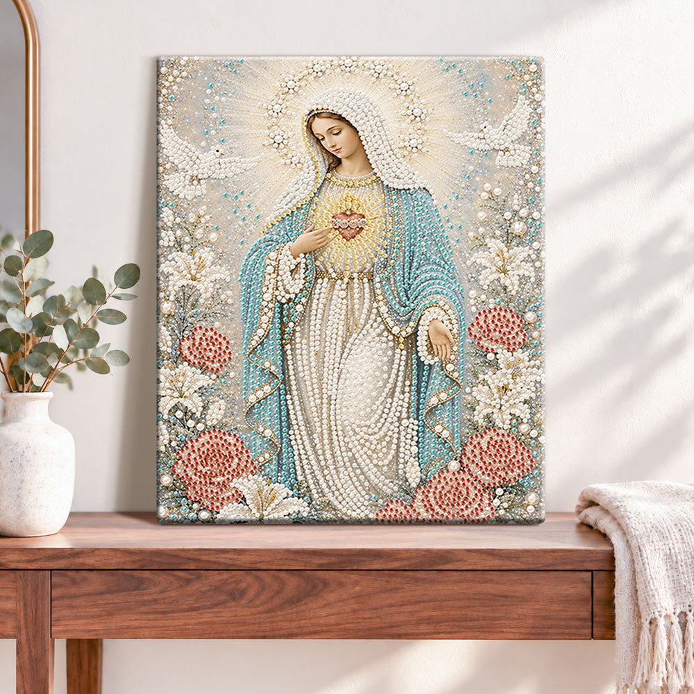 Finished immaculate heart of mary pearl diamond painting artwork displayed as home decor