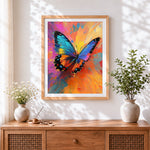 Finished impasto abstract colourful butterfly cross stitch artwork displayed