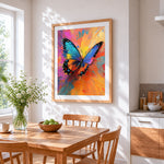 Impasto abstract colourful butterfly cross stitch artwork displayed on wall as home decor
