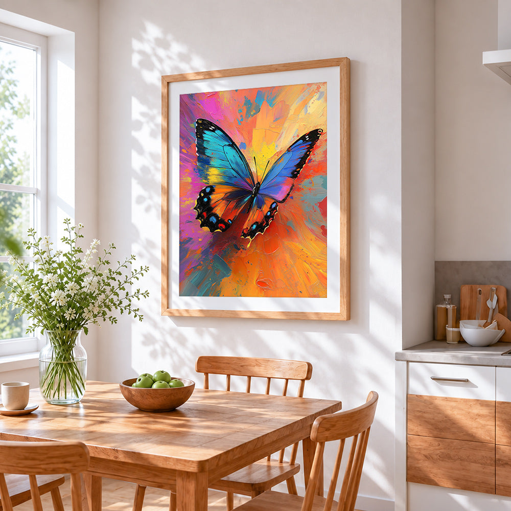 Impasto abstract colourful butterfly cross stitch artwork displayed on wall as home decor