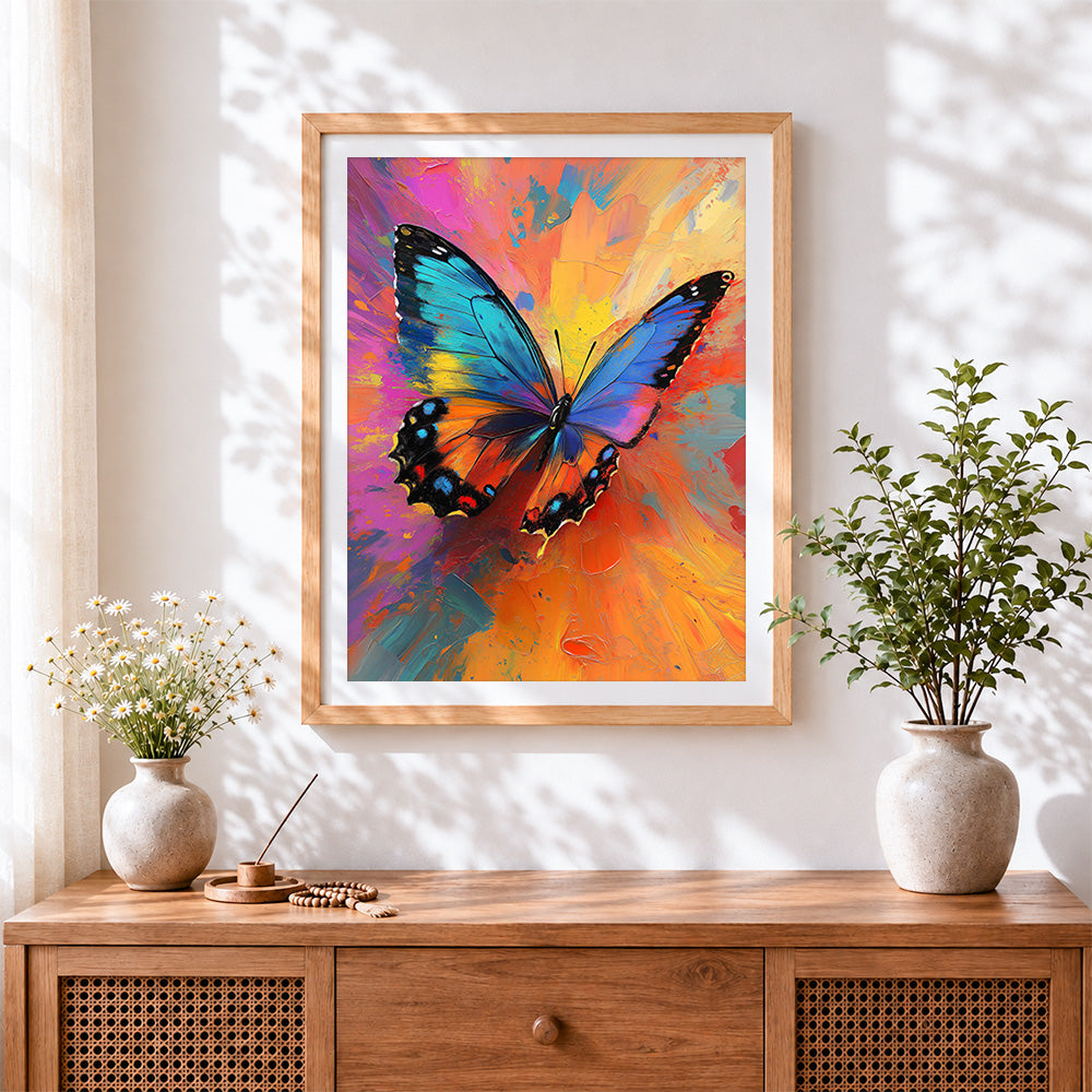 Finished impasto abstract colourful butterfly paint by numbers artwork displayed as home decor