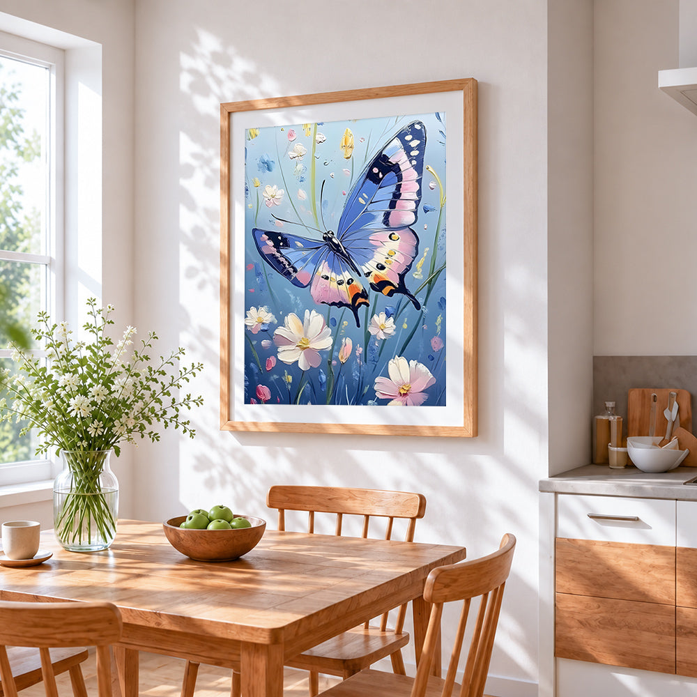 Impasto butterfly and blossoms cross stitch artwork displayed on wall as home decor