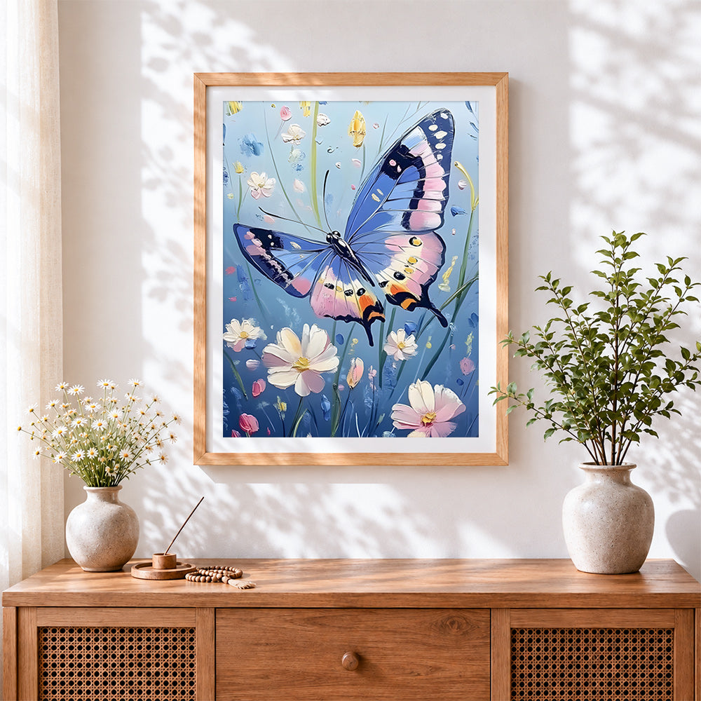 Finished impasto butterfly and blossoms paint by numbers artwork displayed as home decor