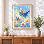 Finished impasto colourful butterfly and flowers cross stitch artwork displayed