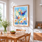 Impasto colourful butterfly and flowers cross stitch artwork displayed on wall as home decor