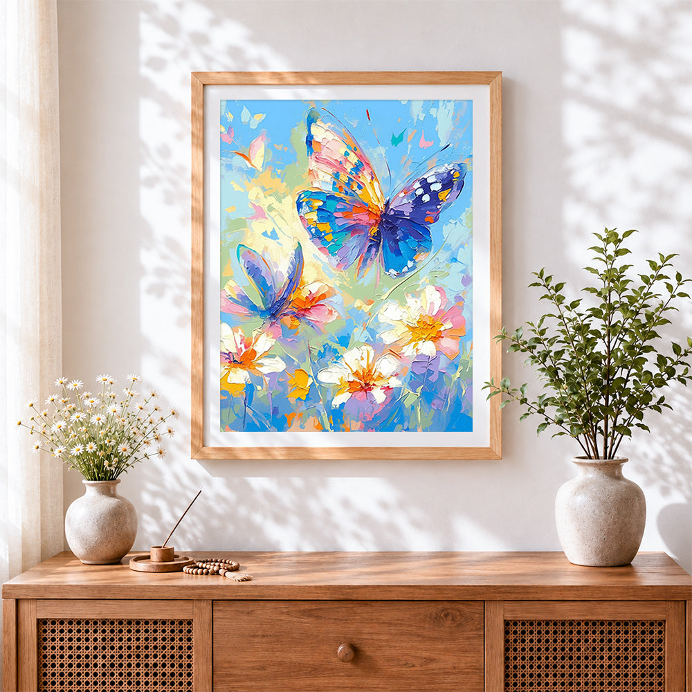 Finished impasto colourful butterfly and flowers paint by numbers artwork displayed as home decor