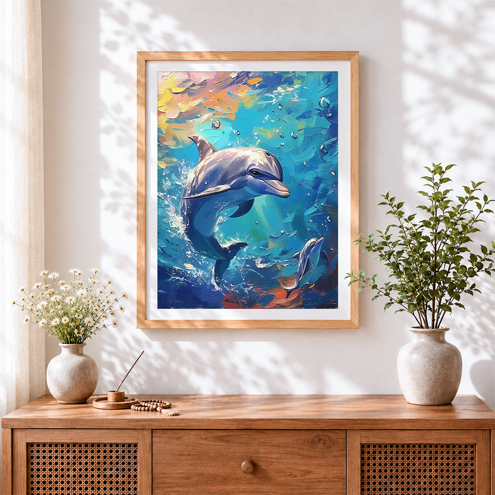 Finished impasto jumping dolphin paint by numbers artwork displayed as home decor