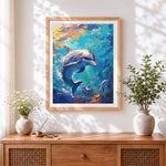 Finished impasto jumping dolphin paint by numbers artwork displayed as home decor