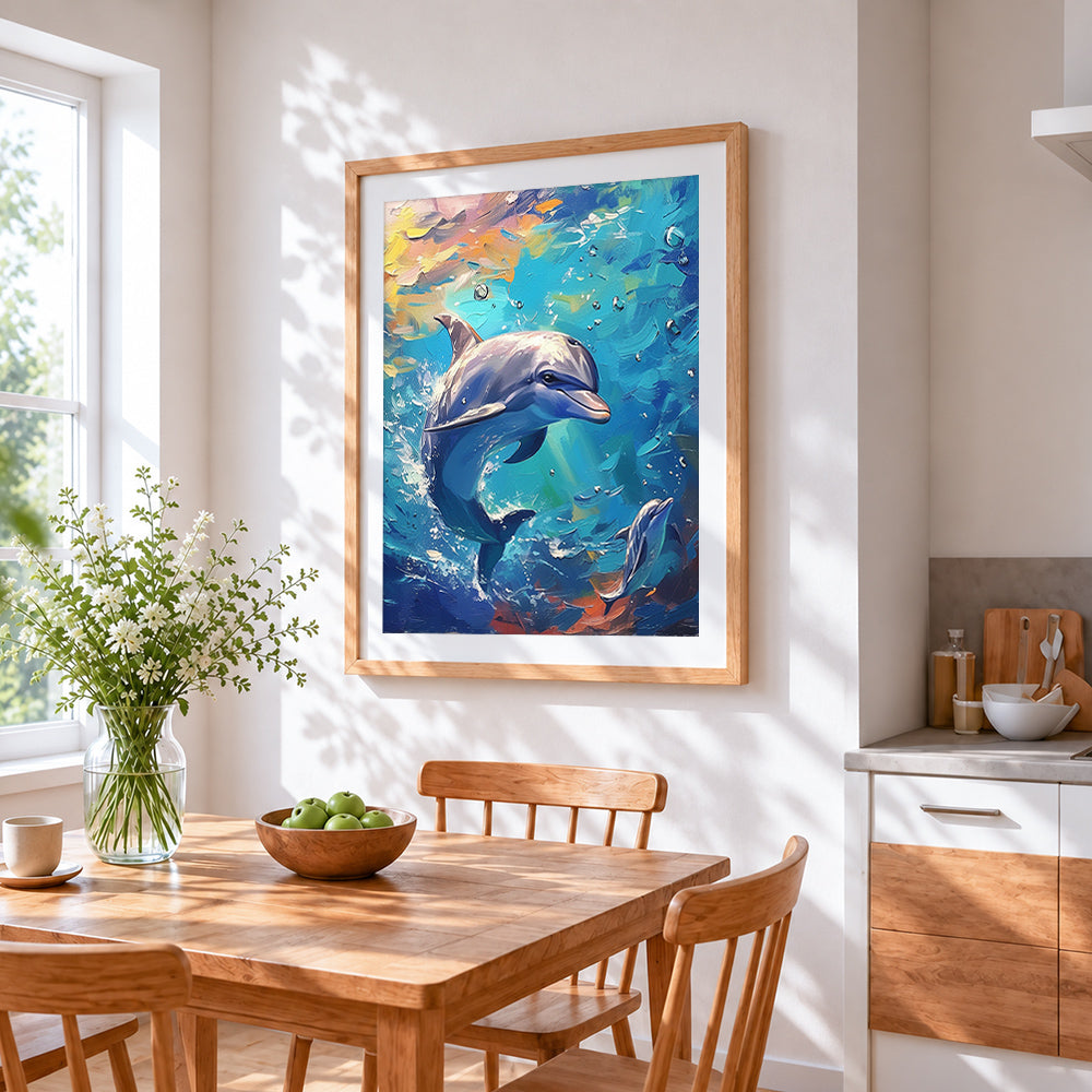 Impasto jumping dolphin paint by numbers artwork displayed on wall as home decor