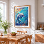 Impasto jumping dolphin paint by numbers artwork displayed on wall as home decor
