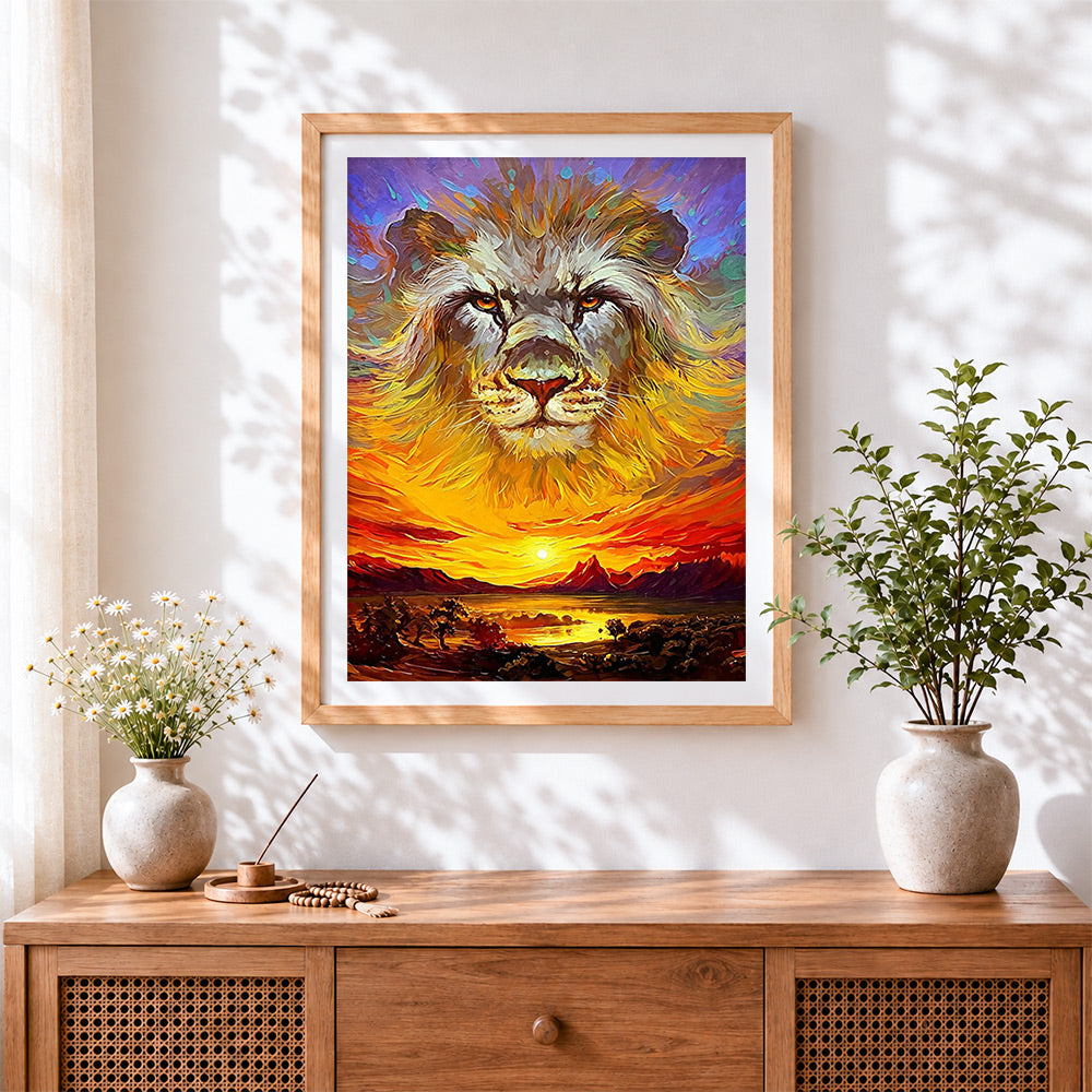Finished impasto lion and sunset cross stitch artwork displayed