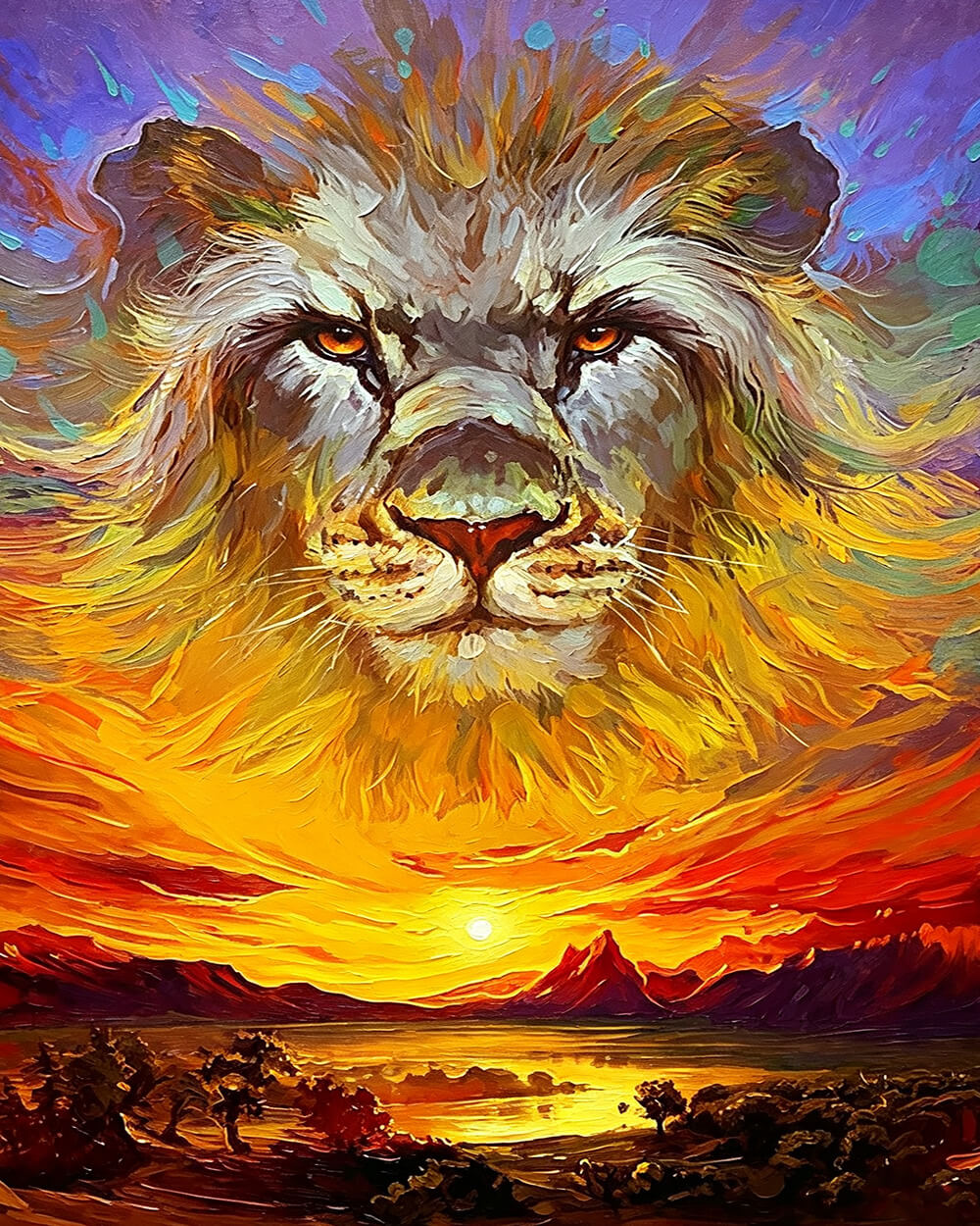 Impasto lion and sunset cross stitch kit for beginners