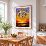 Impasto lion and sunset cross stitch artwork displayed on wall as home decor