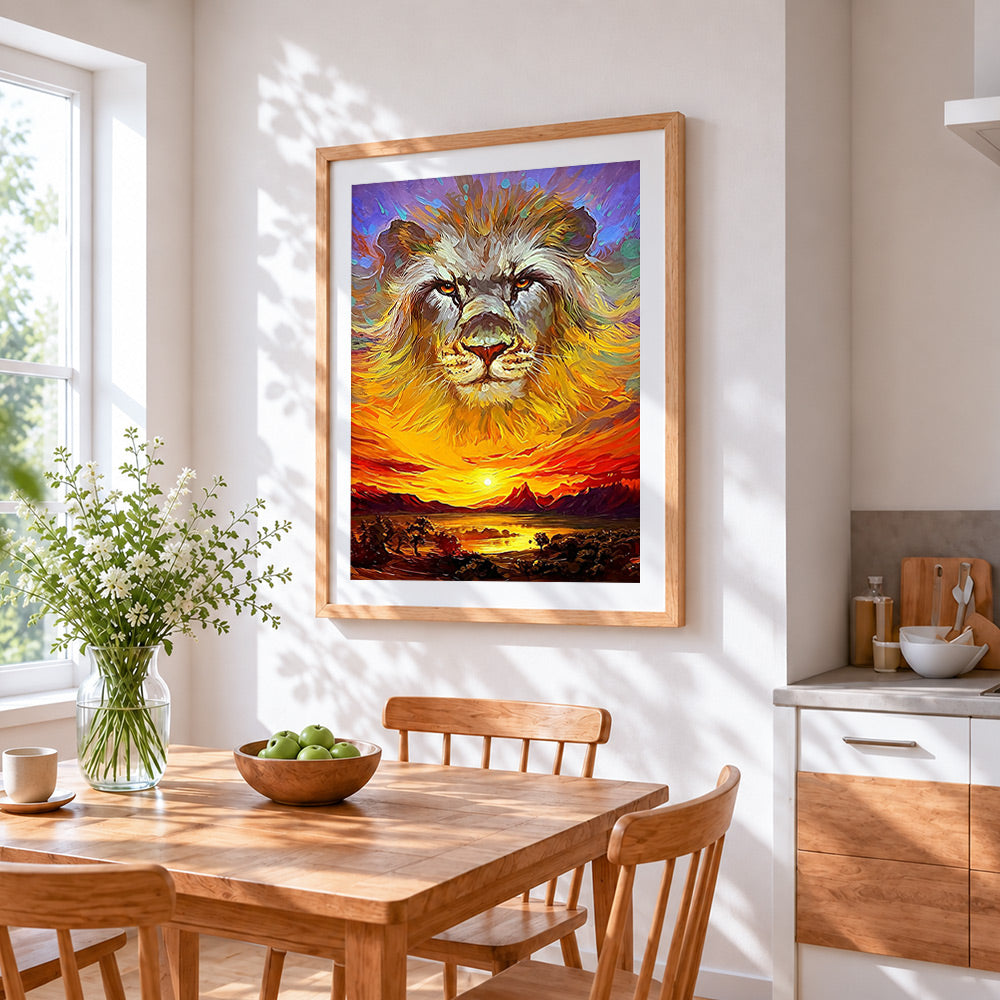 Impasto lion and sunset cross stitch artwork displayed on wall as home decor