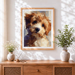 Finished impasto oil painting poodle cross stitch artwork displayed
