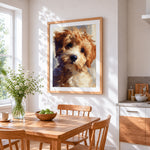 Impasto oil painting poodle cross stitch artwork displayed on wall as home decor