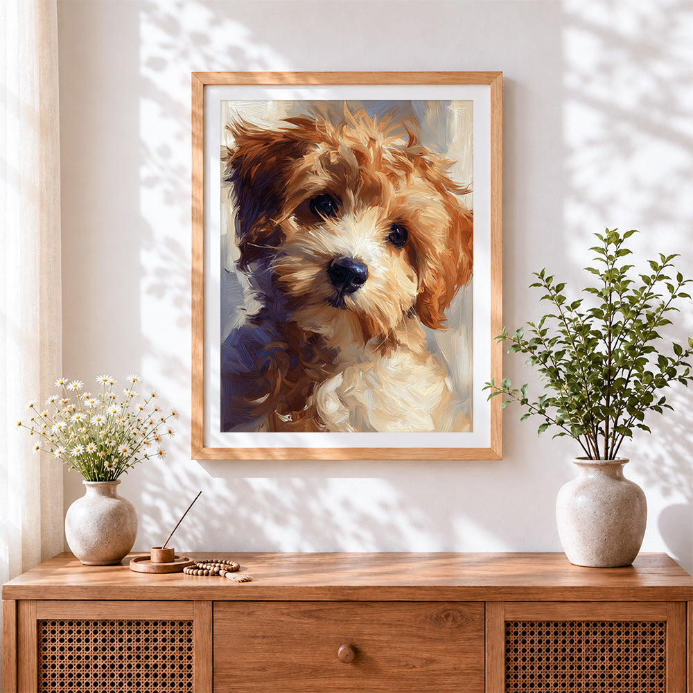 Finished impasto oil painting poodle paint by numbers artwork displayed as home decor