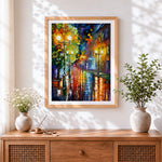 Finished impasto rainy night cross stitch artwork displayed