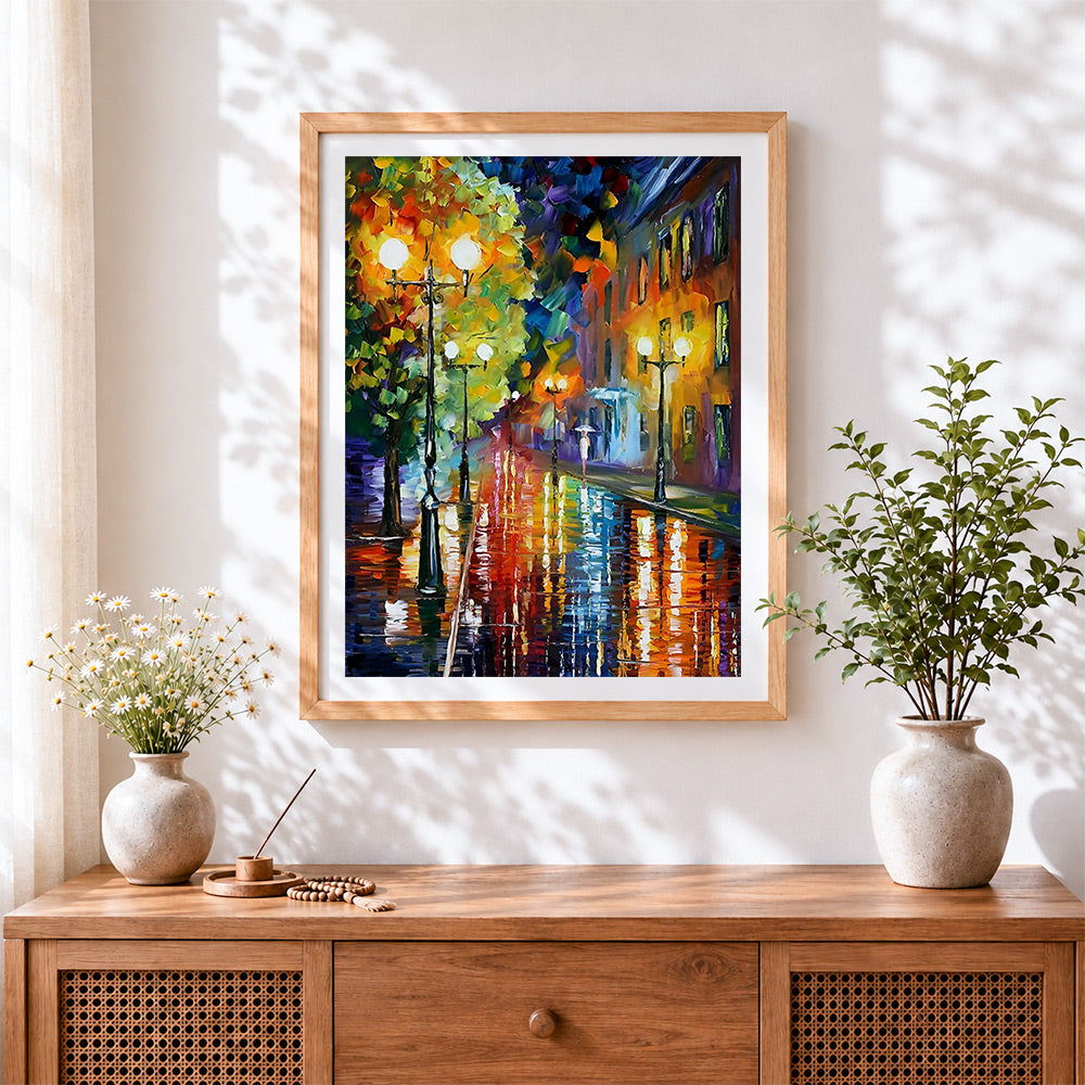 Finished impasto rainy night cross stitch artwork displayed