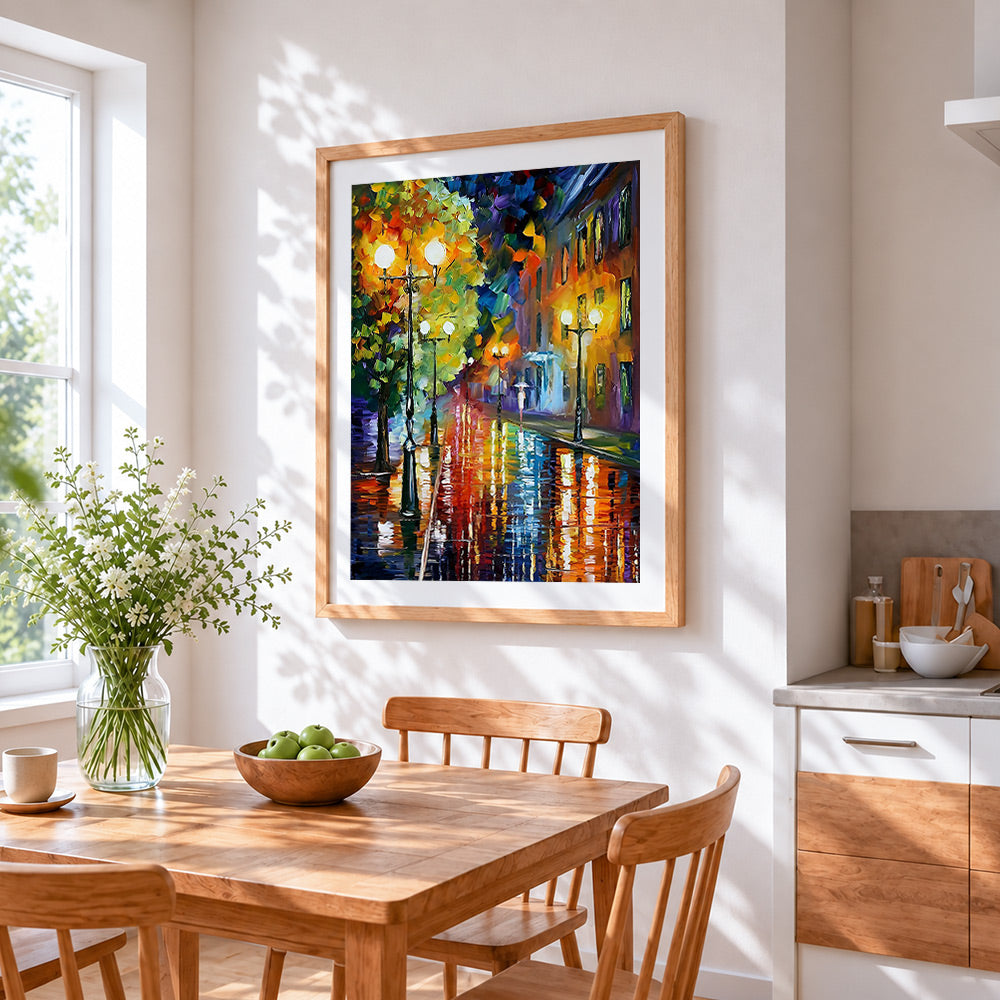 Impasto rainy night cross stitch artwork displayed on wall as home decor