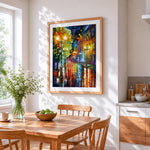 Impasto rainy night cross stitch artwork displayed on wall as home decor